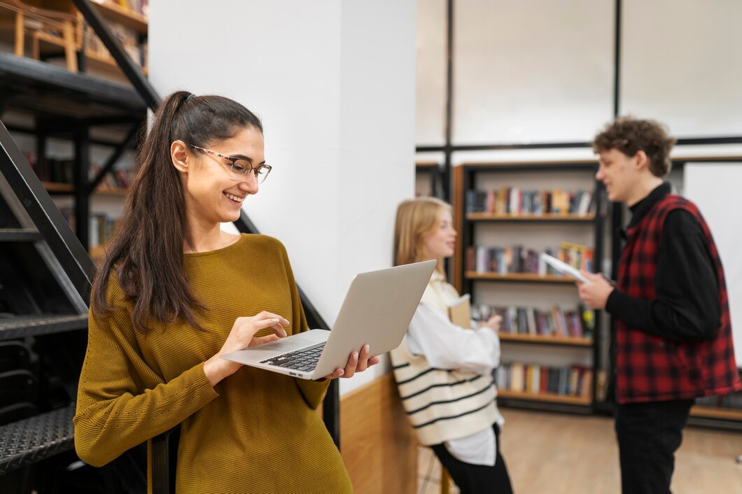 Estudantes com computador e materiais de estudo em uma biblioteca